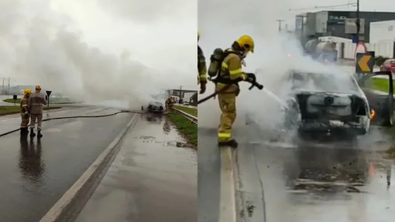 Carro pega fogo e provoca congestionamento na BR-153, em Anápolis