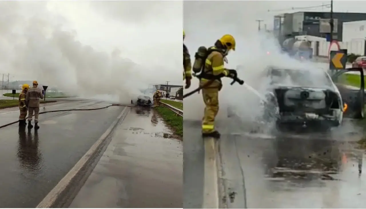 Carro pega fogo e provoca congestionamento na BR-153, em Anápolis