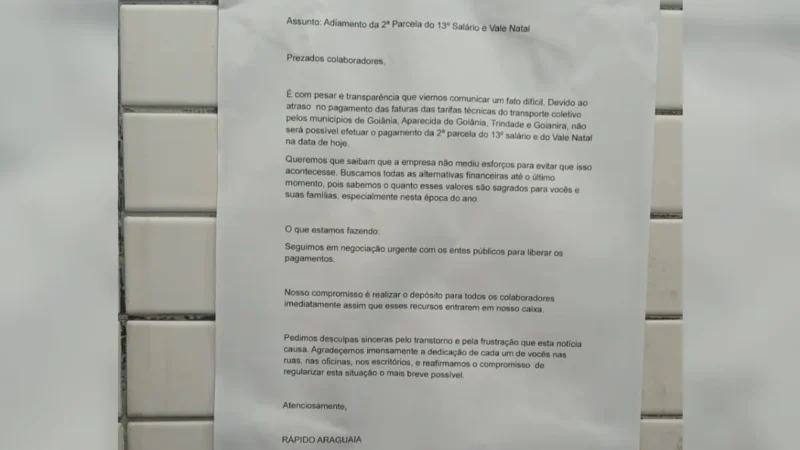 Rápido Araguaia comunica funcionários de atraso no 13º e Vale Natal