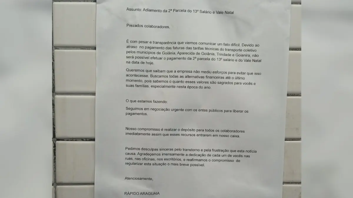 Rápido Araguaia comunica funcionários de atraso no 13º e Vale Natal