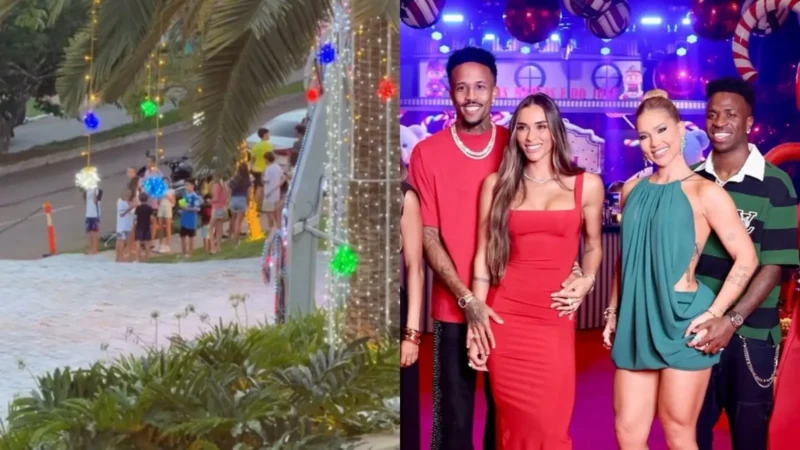 Vini Jr. vira atração no condomínio de Virgínia, em Goiânia; zagueiro do Real Madrid também marca presença na festa da influenciadora