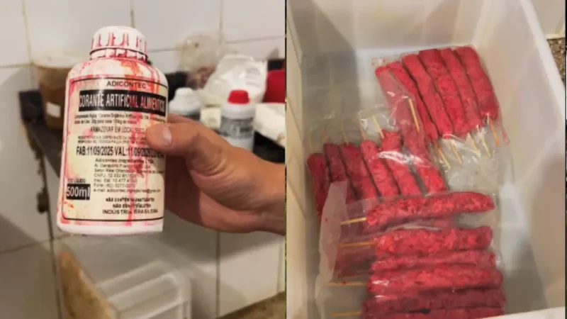 Fábrica de espetinho jogava corante para deixar carne mais vermelha, em Aparecida