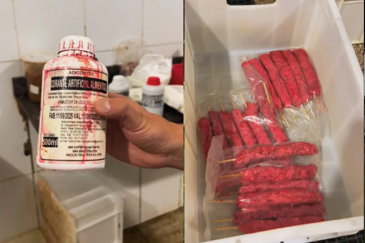 Fábrica de espetinho jogava corante para deixar carne mais vermelha, em Aparecida