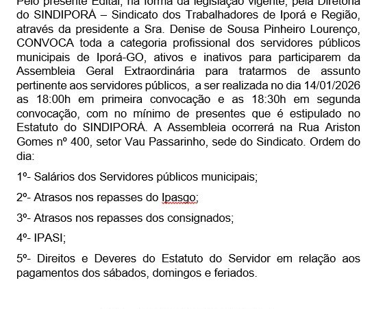Sindiporá publica edital de convocação para Assembleia