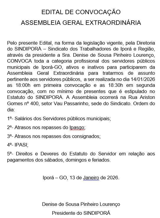 Sindiporá publica edital de convocação para Assembleia