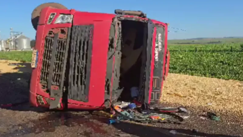 Carreta de soja tomba sobre carro e mata motorista na BR-452, em Santa Helena