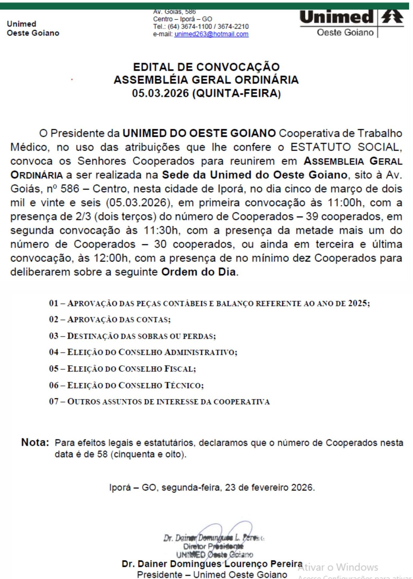 Edital da Unimed anuncia Assembleia dia 5 de março de 2026
