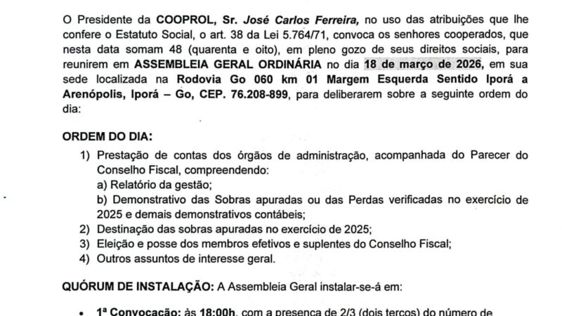 Cooprol chama para sua Assembleia no dia 18 de março