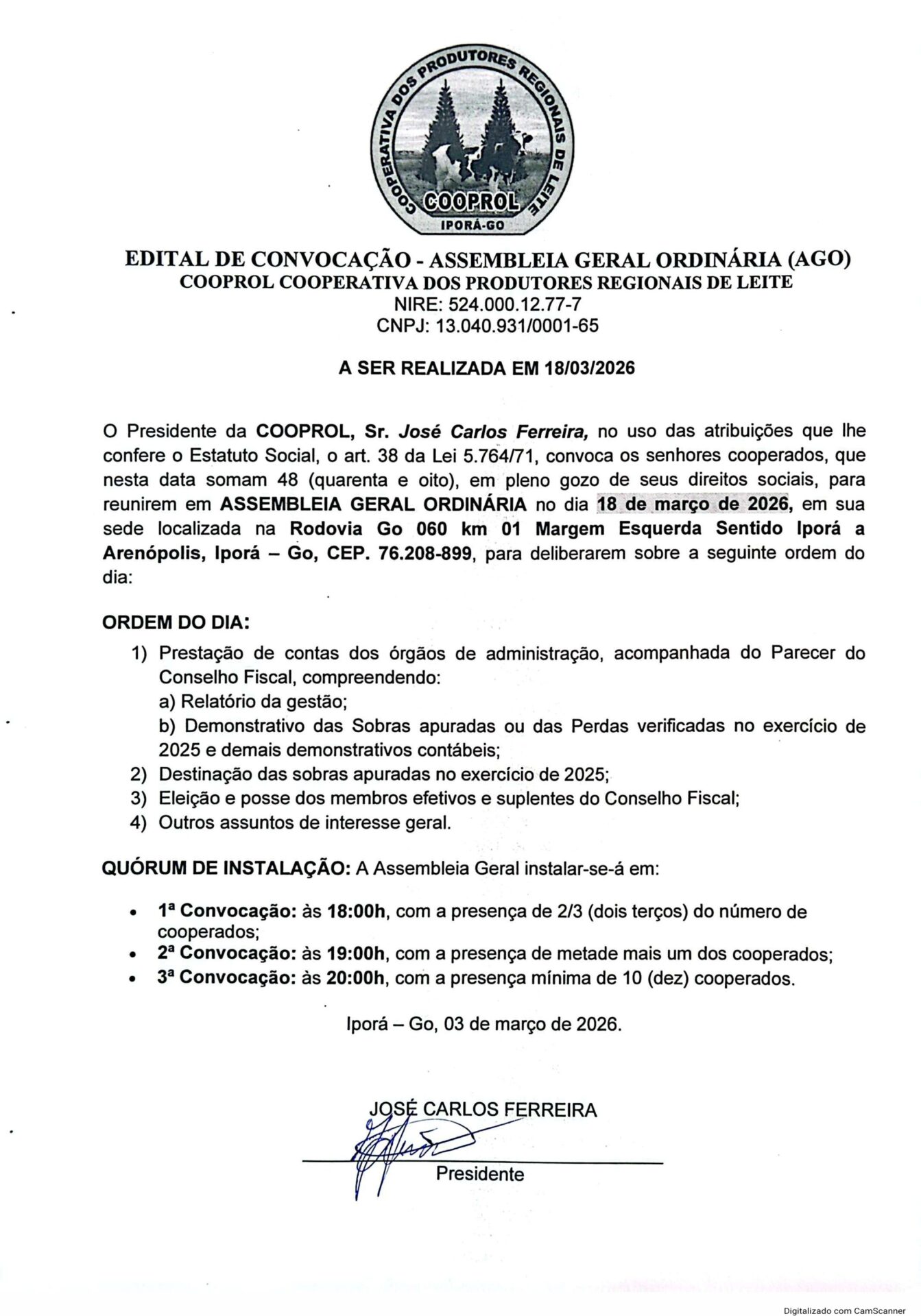 Cooprol chama para sua Assembleia no dia 18 de março