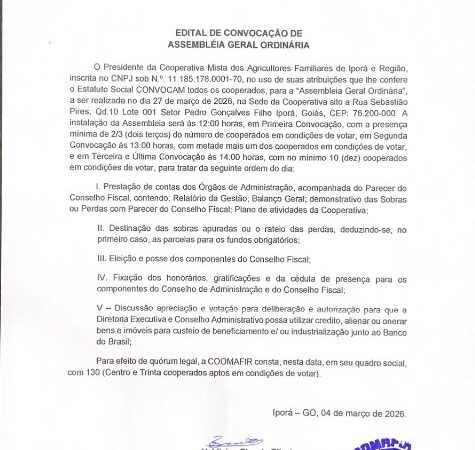 EDITAL: Convocação de Assembléia Geral dia 27 de março