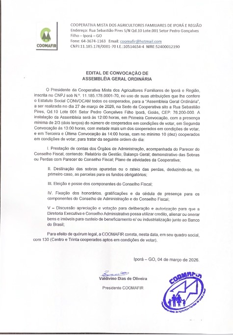 EDITAL: Convocação de Assembléia Geral dia 27 de março