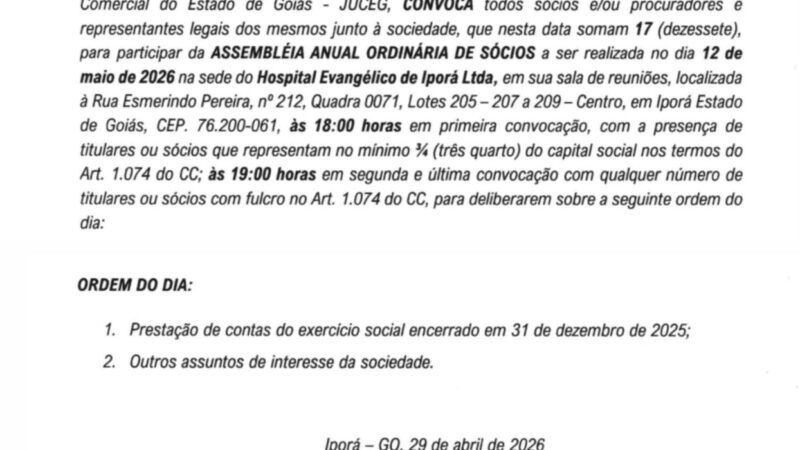 Anunciada Assembleia do Hospital Evangélico para 12 de maio de 2026