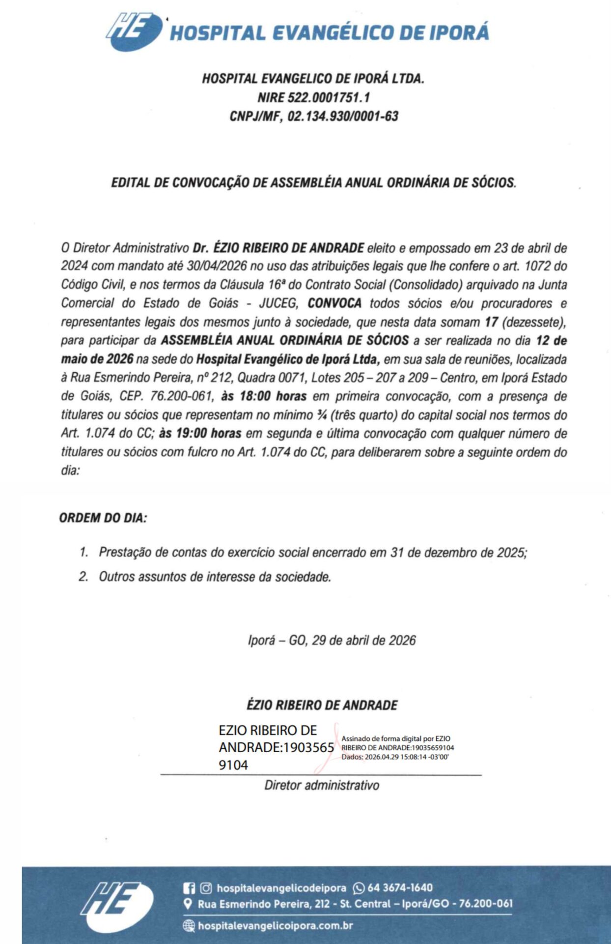 Anunciada Assembleia do Hospital Evangélico para 12 de maio de 2026