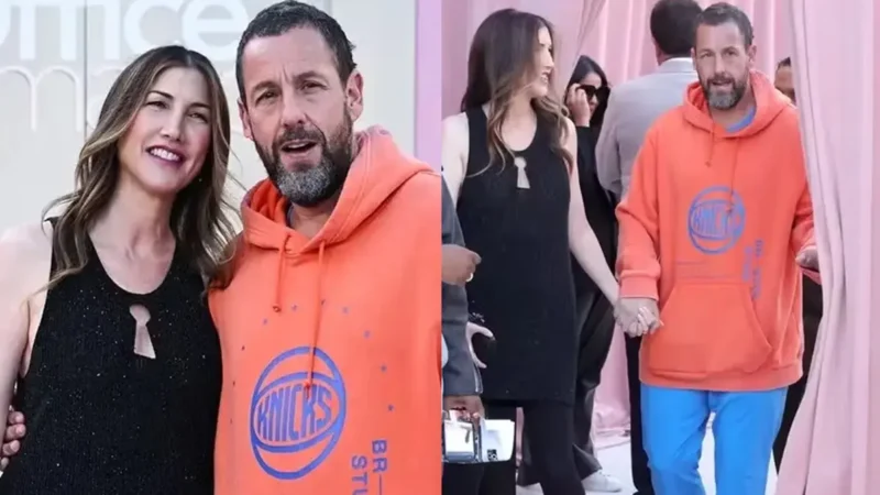 Adam Sandler vai de moletom à estreia de filme da esposa