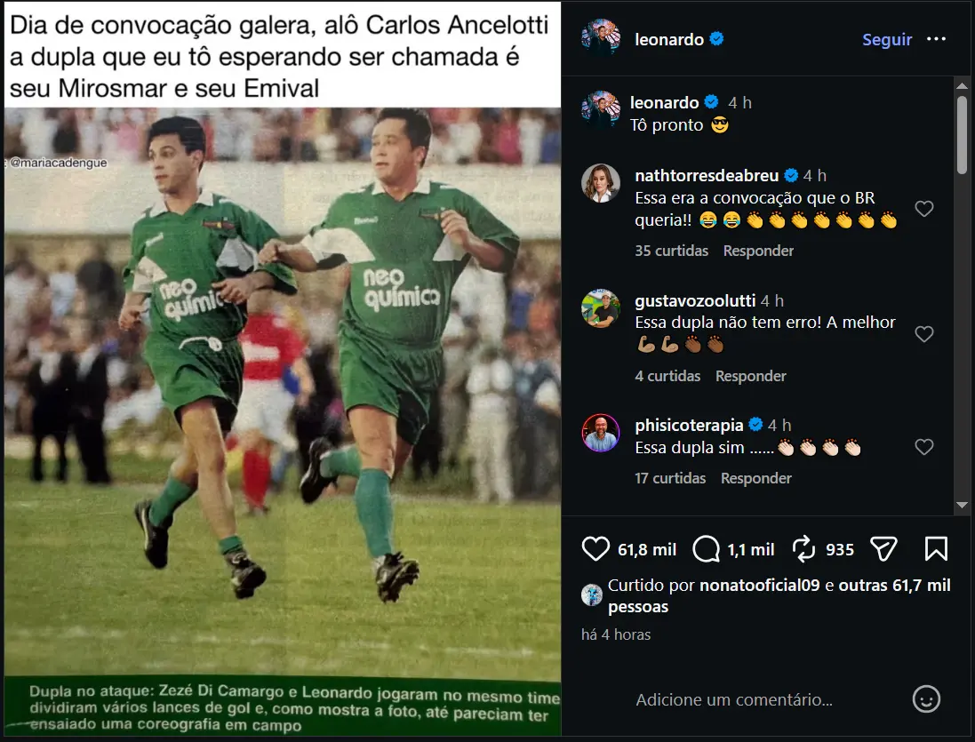 Cantor Leonardo se coloca à disposição de Ancelotti às vésperas da convocação para a Copa