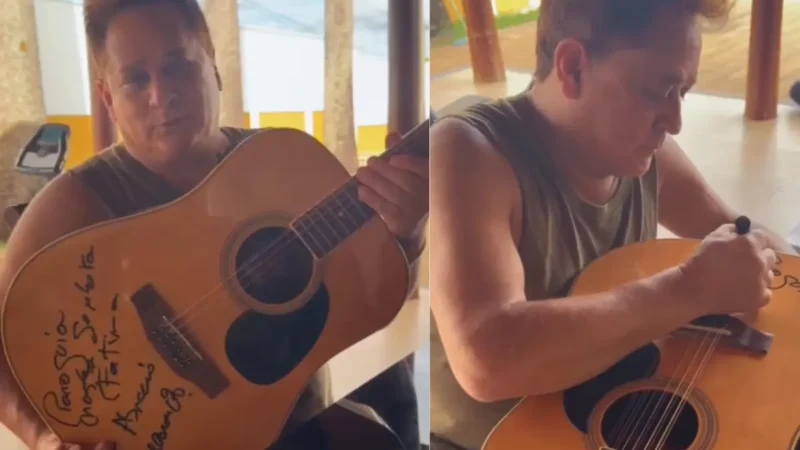 Vídeo mostra Leonardo autografando violão que será leiloado nesta quarta em festa de igreja de Goianésia