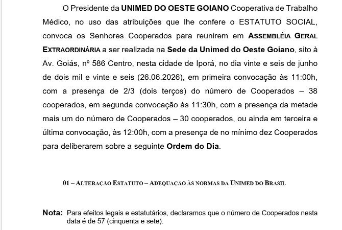 UNIMED-EDITAL DE CONVOCAÇÃO ASSEMBLÉIA GERAL EXTRAORDINÁRIA 26.06.2026