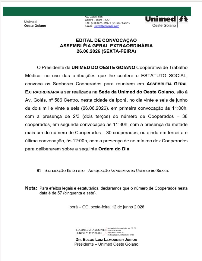 UNIMED-EDITAL DE CONVOCAÇÃO ASSEMBLÉIA GERAL EXTRAORDINÁRIA 26.06.2026