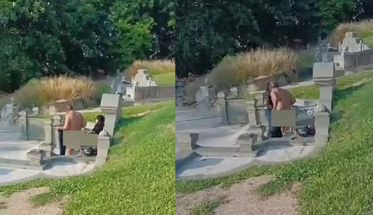 Casal fazendo sexo em cima de túmulo em cemitério; vídeo