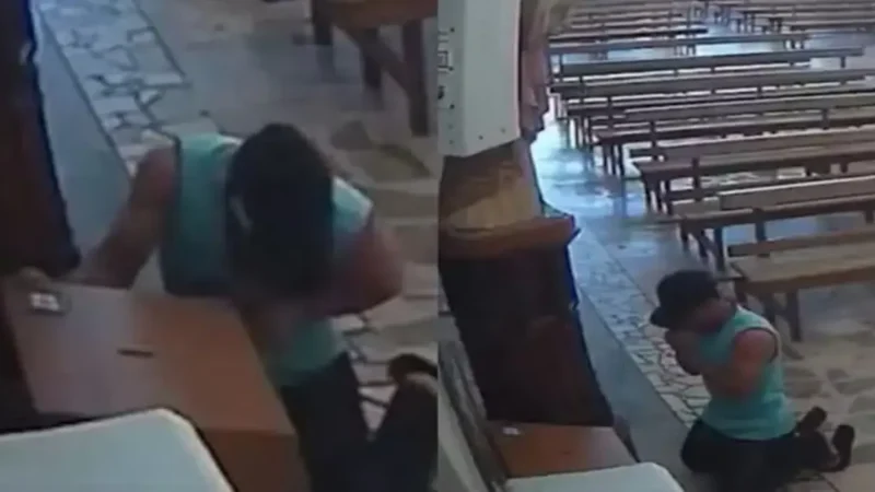 Homem ajoelha e reza antes de furtar cofre de igreja; vídeo