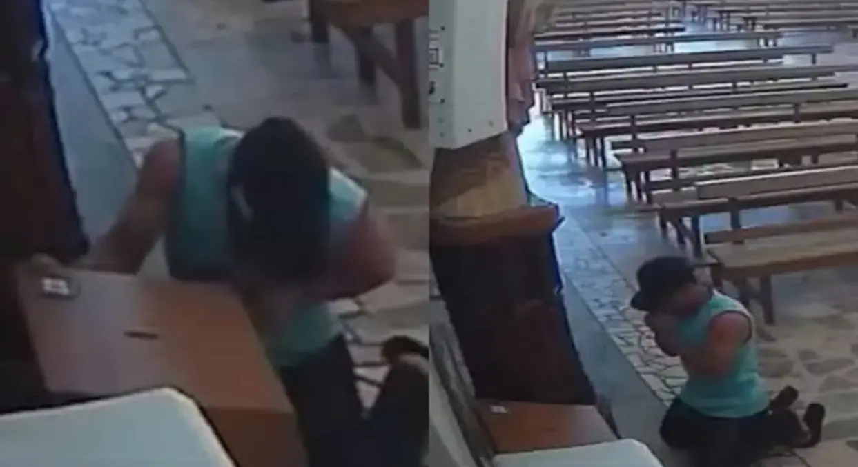 Homem ajoelha e reza antes de furtar cofre de igreja; vídeo